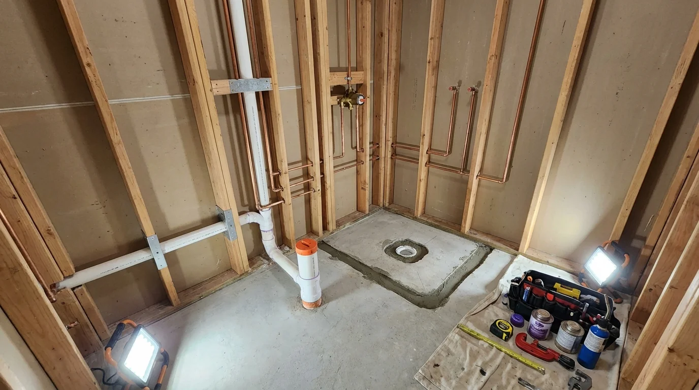 Bathroom rough-in plumbing during remodel by Johns Plumbing LLC in Maxwell