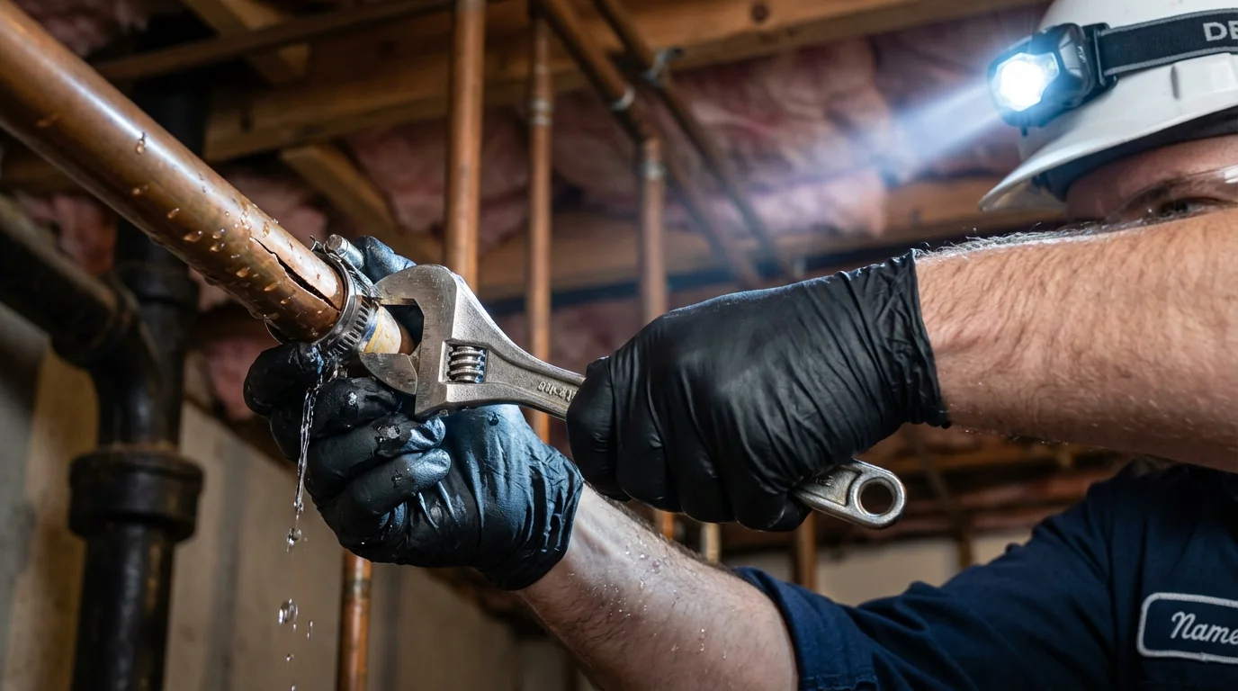 Emergency pipe clamp repair being performed by a Johns Plumbing LLC plumber in Maxwell