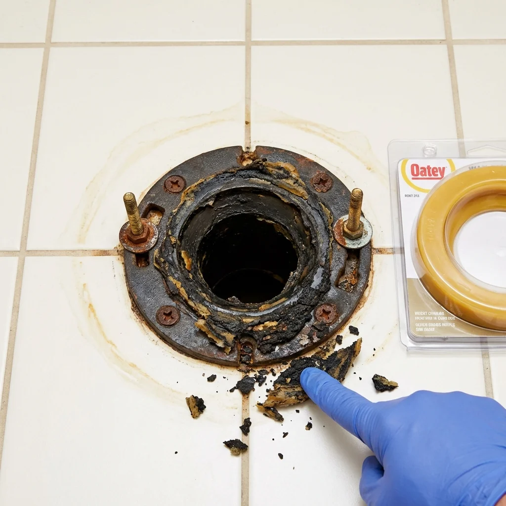 Failed wax ring showing water seepage at the base of a toilet in a Maxwell, CA home